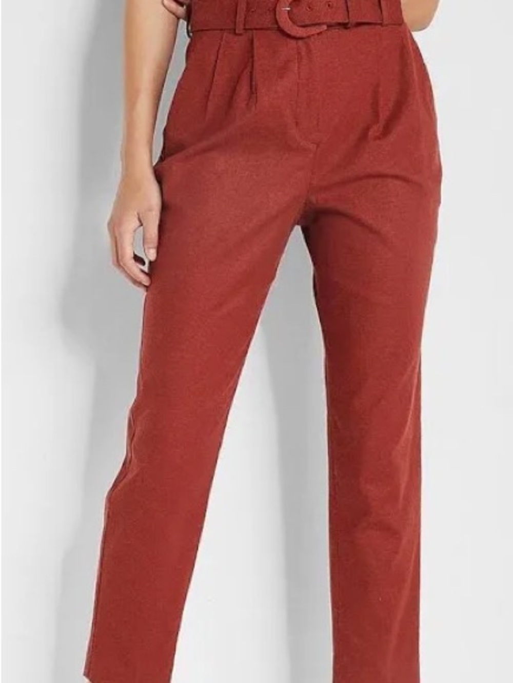 Express Super High Rise Linen Belted Trousers in Rust